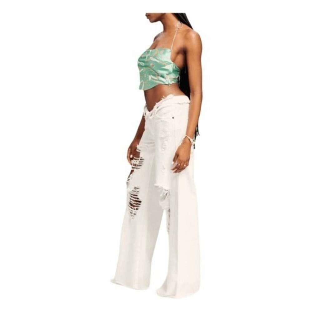 SER.O.YA Ellison Nautical Print Silk Crop Top Green Halter Cowl Neck Sleeveless - Picture 5 of 8